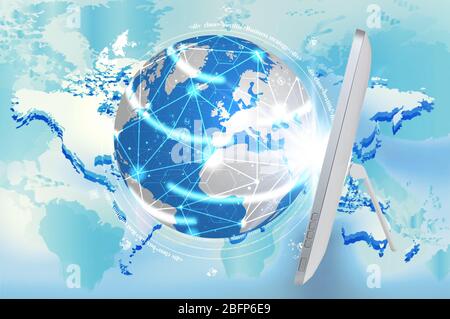 Global computer network concept. Tablet and earth on abstract background. Stock Photo
