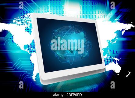 Global computer network concept. Tablet and earth on abstract background. Stock Photo