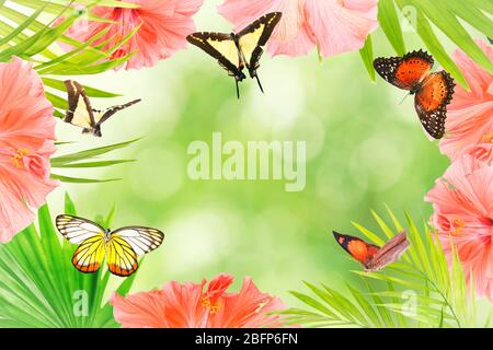 Frame of beautiful flowers, butterflies and palm leaves with space for text on blurred background. Stock Photo