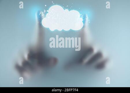 Hand pushing button on virtual screen Stock Photo