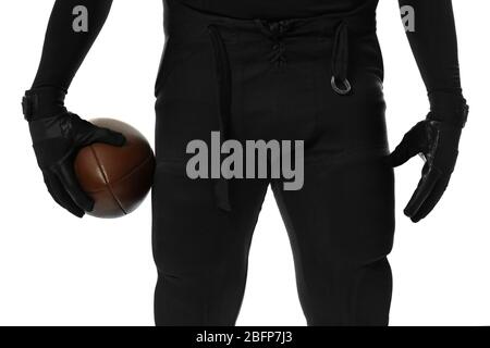 Hands of american football player holding ball on white background Stock Photo