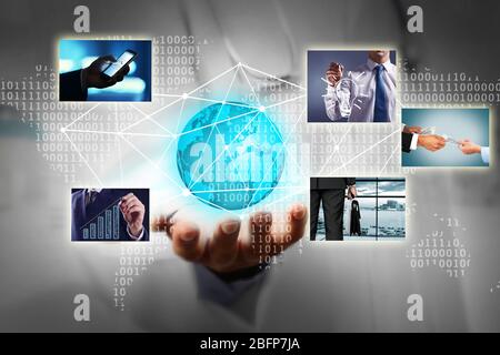 Male hand with digital earth. Globe internet connection. Business network concept. Stock Photo