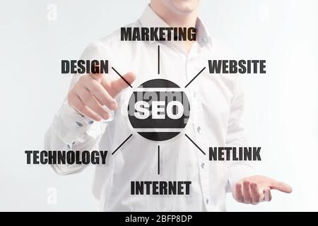 Businessman working with virtual touchscreen. SEO technology concept. Stock Photo