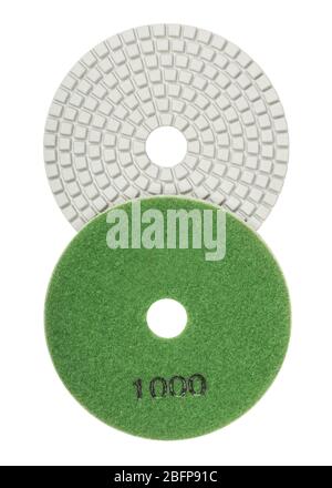 Both sides of diamond flexible abrasive disc for grinding machine isolated on white background Stock Photo