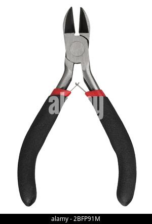 Small diagonal pliers with rubber handles isolated on a white background. Stock Photo
