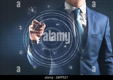 Businessman working with virtual screen. Technology concept. Stock Photo
