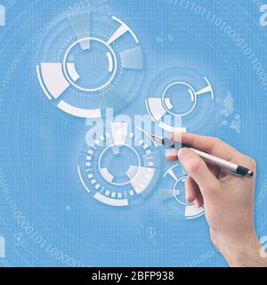 Male hand working with virtual screen. Technology concept. Stock Photo