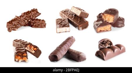 Collage of delicious chocolate bars on white background Stock Photo