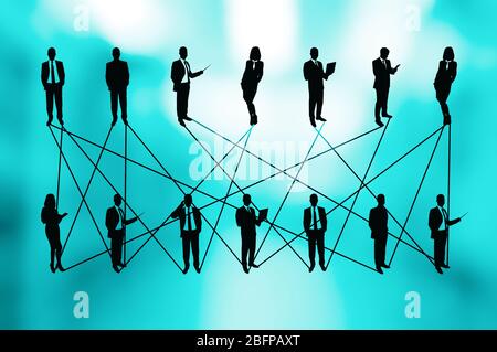 Business people silhouettes and social network connection on abstract background. Modern business technology concept. Stock Photo