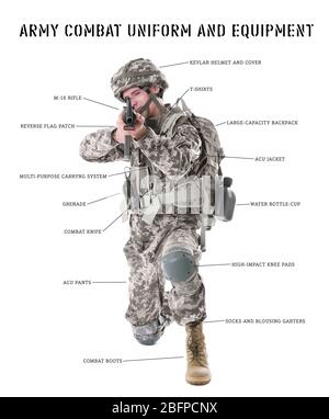 ARMY COMBAT UNIFORM and EQUIPMENT. Soldier in camouflage taking aim, isolated on white Stock Photo