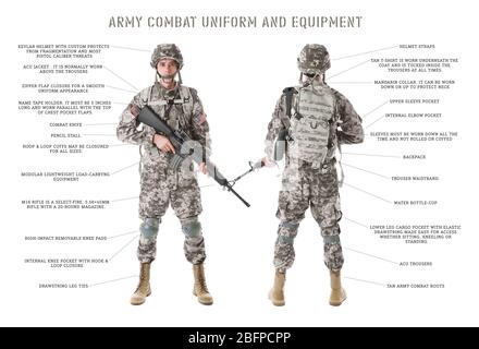 ARMY COMBAT UNIFORM and EQUIPMENT. Soldier in camouflage holding rifle, isolated on white Stock Photo