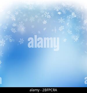 Snowflake flying, card or banner with snow elements, flakes confetti scatter. Cold weather winter symbols. EPS 10 Stock Vector