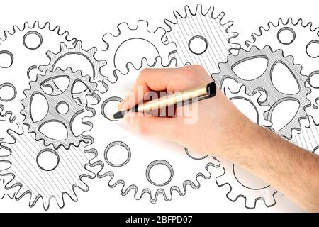 Mla hand drawing  part of mechanism on white background. Business strategy concept. Stock Photo