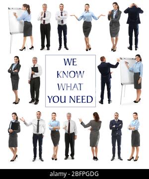 Support concept. Professional staff and text WE KNOW WHAT YOU NEED on white background Stock Photo