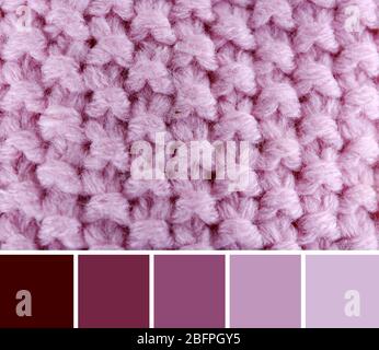 Color matching palette. Lilac knitted cloth as background, closeup Stock Photo