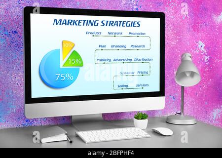 Modern workplace with computer and scheme of MARKETING STRATEGIES on screen Stock Photo