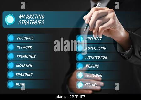 Manager presenting scheme of MARKETING STRATEGIES on virtual screen Stock Photo