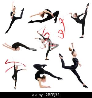 Collage of teenage girl doing gymnastics exercises on white background Stock Photo