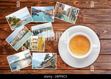 Photos from different places around world and cup of coffee on wooden background. Concept of travel memories Stock Photo