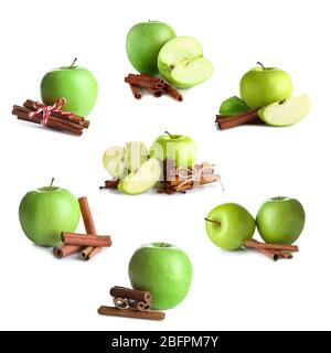 Set of apples with cinnamon on white background Stock Photo