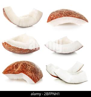 Set of coconut pieces on white background Stock Photo