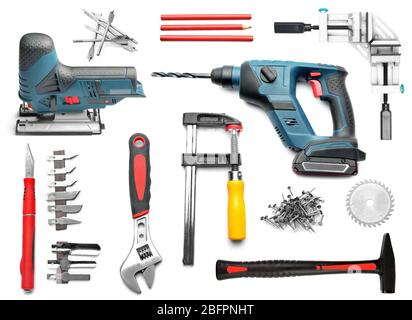 Set of carpenter's tool on white background Stock Photo