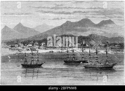 Engraving of the harbour at Toamasina or Tamatave, capital of the Atsinanana region on the east coast of Madagascar on the Indian Ocean. Stock Photo