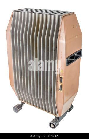 dirty old domestic electrical air heater isolated on white background Stock Photo