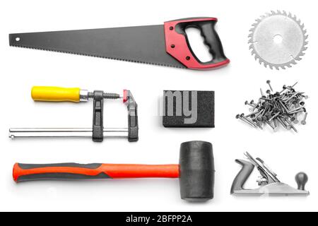 Set of carpenter's tools on white background Stock Photo