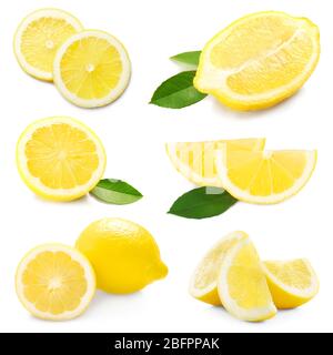 Collage of fresh lemon on white background Stock Photo