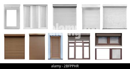 Windows with different types of shades on white background Stock Photo