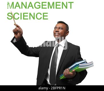 Concept of management science. Indian teacher on white background Stock Photo