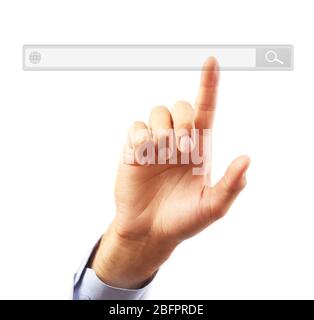 Internet shopping concept. Man clicking on browser search bar, white background Stock Photo