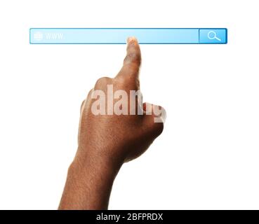 Internet shopping concept. Man clicking on browser search bar, white background Stock Photo