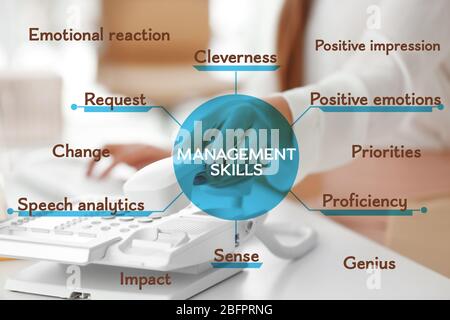 Diagram of MANAGEMENT SKILLS and woman with phone on background Stock Photo