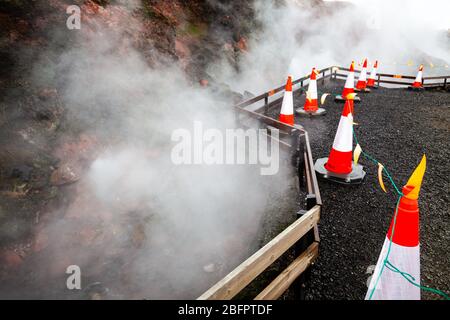 Steam rises off the Deildartunguhver thermal spring in winter, Borgarnes, Iceland, Polar Regions Stock Photo