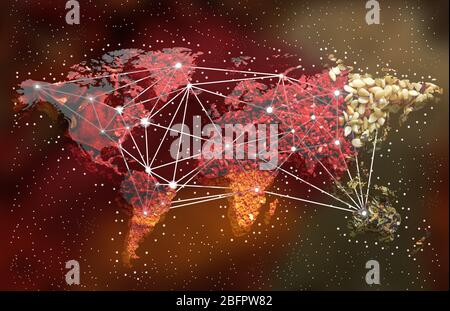 World map and different spices on background. Logistic and wholesale concept Stock Photo