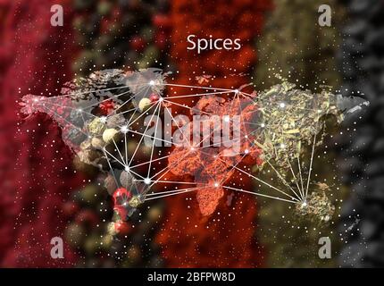 World map and different spices on background. Logistic and wholesale concept Stock Photo