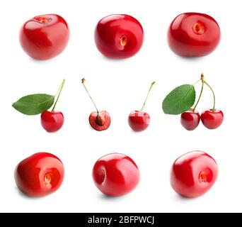 Collage of red cherries and green leaves on white background Stock Photo