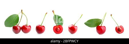 Collage of red cherries and green leaves on white background Stock Photo