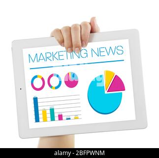Woman holding tablet on white background. Marketing news on screen Stock Photo