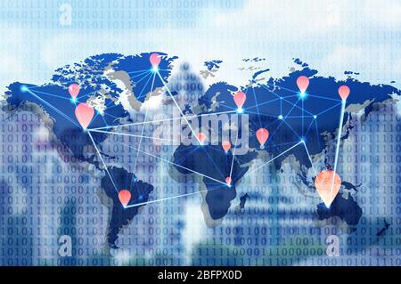 World map with social network on blurred cityscape background Stock Photo