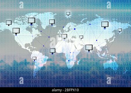 World map with social network on blurred cityscape background Stock Photo