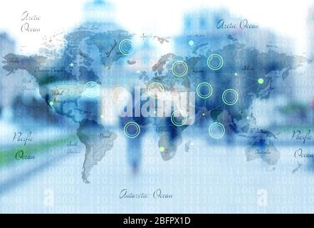 World map with social network on blurred cityscape background Stock Photo