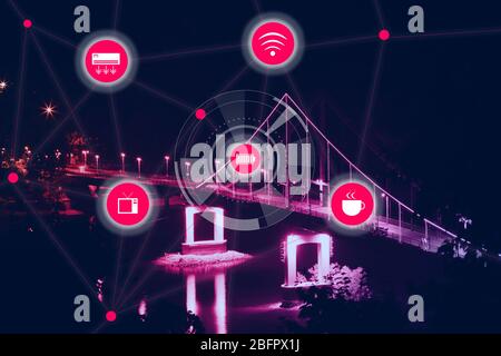 Smart city network and bridge on background. Modern technology concept Stock Photo