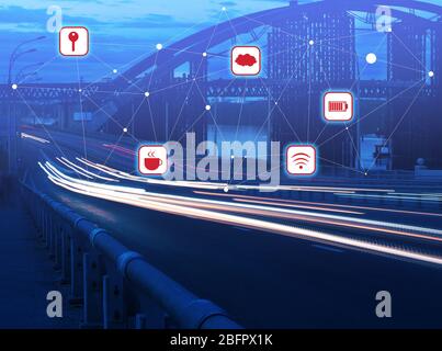 Smart city network and bridge on background. Modern technology concept Stock Photo
