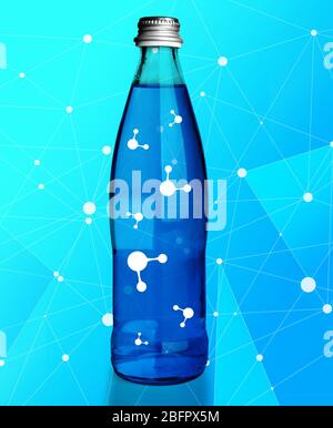 Glass bottle of water with molecules on color background. Health care concept Stock Photo