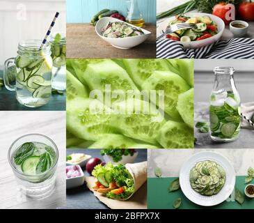 Collage with different ideas of using cucumbers in culinary Stock Photo