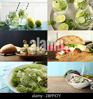 Collage with different ideas of using cucumbers in culinary Stock Photo