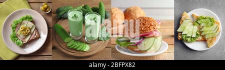 Collage with different ideas of using cucumbers in culinary Stock Photo